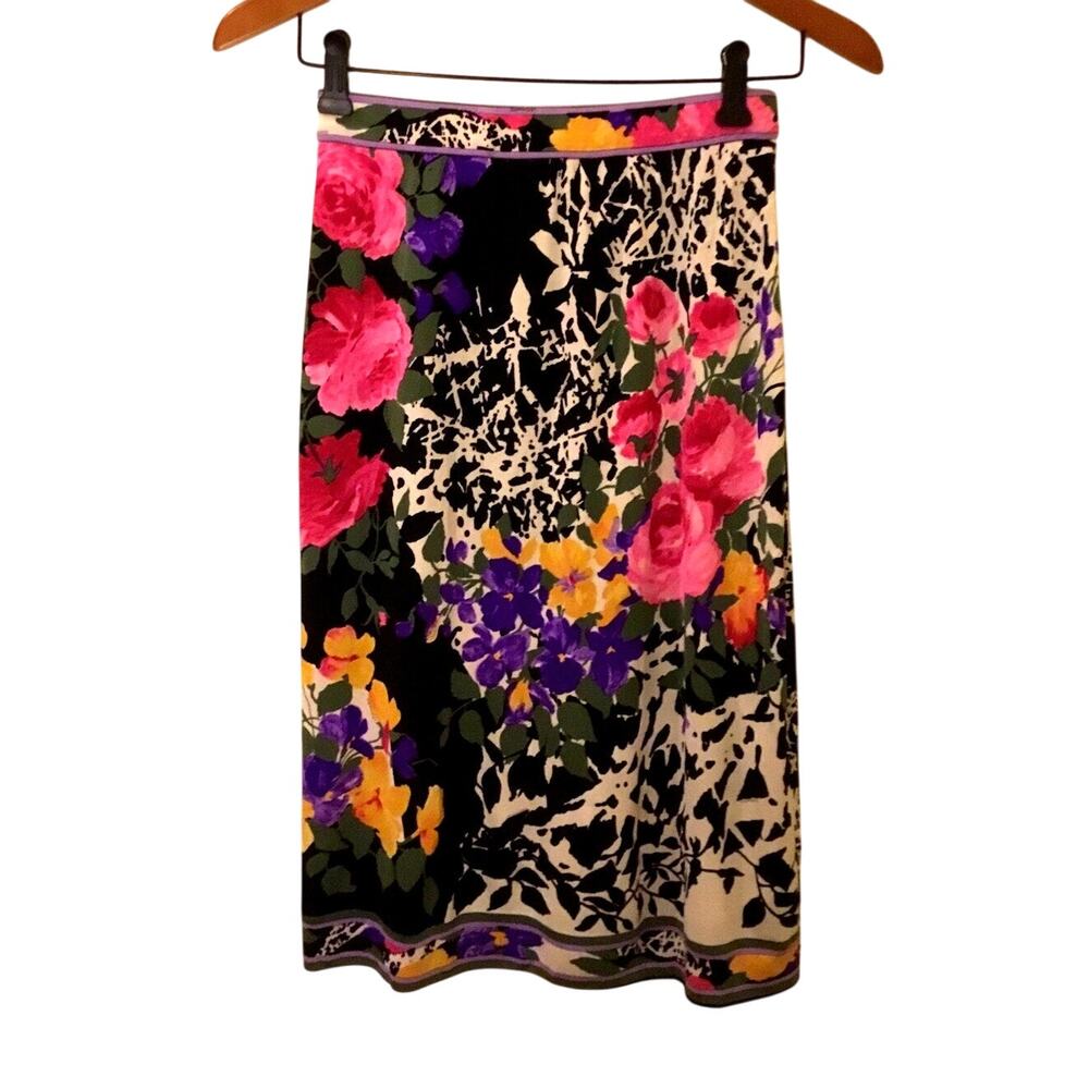 Vintage 1980’s Leonard studio silk jersey black multi floral knee length Skirt